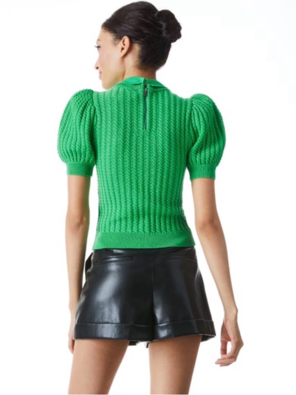 Brand NWOT Alice + Olivia Chase Cable Knit Puff Sleeve Sweater In Green. Size S - Picture 7 of 16